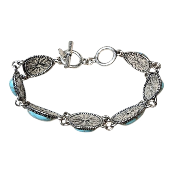 VTG Turquoise Bracelet Faux Cabochan Silver Toggle Concho Style 8" Southwestern - Picture 3 of 10